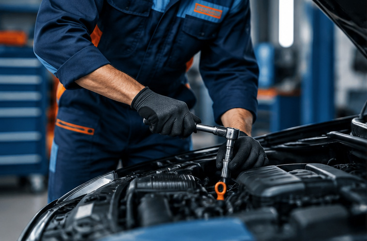 Autószerelő Siófokon motortérben végzett munka közben